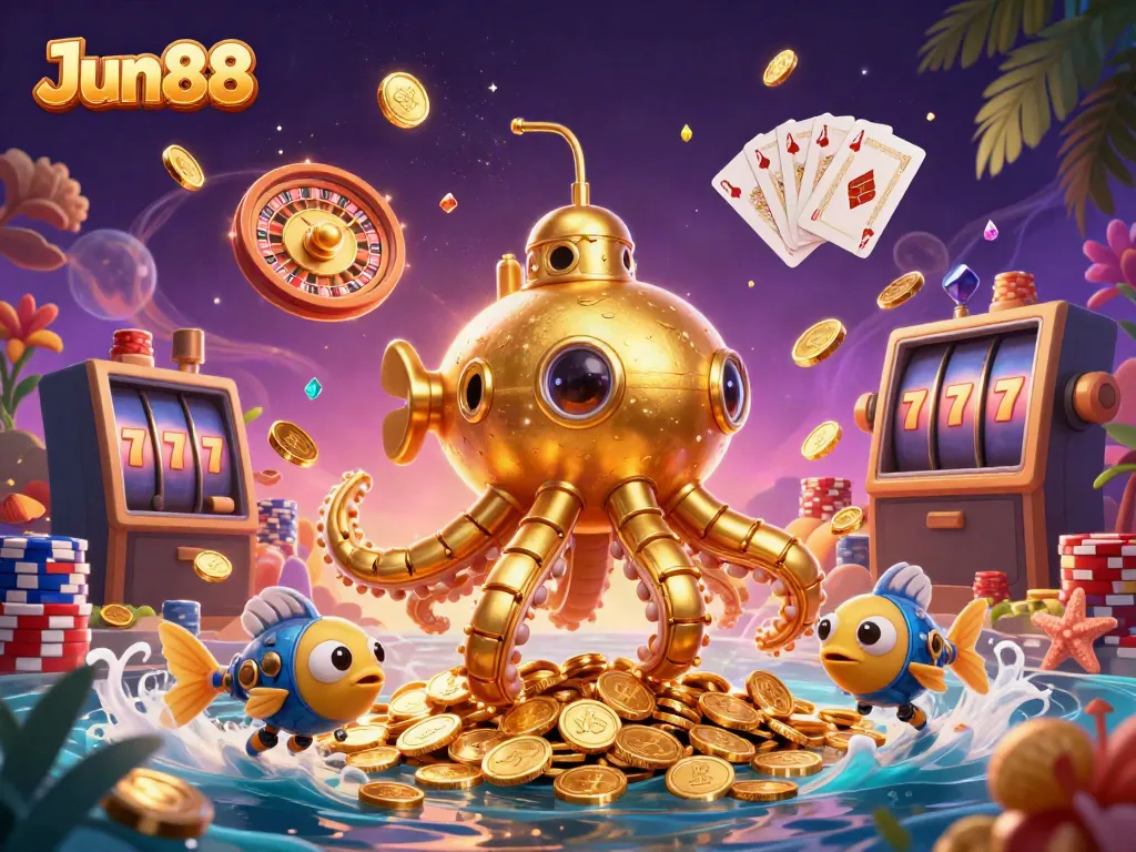 Experience thrilling play at Jun88 with vibrant gold coins, exciting game elements, and dynamic underwater characters.