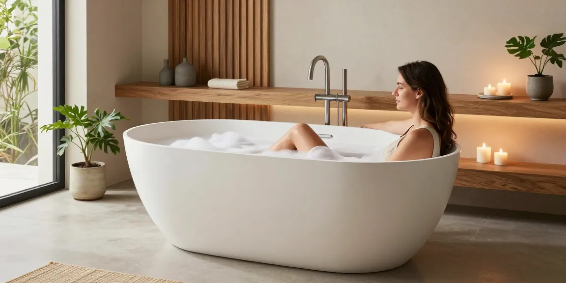 Luxurious KKR solid surface freestanding bathtub in modern bathroom with natural lighting and elegant decor.