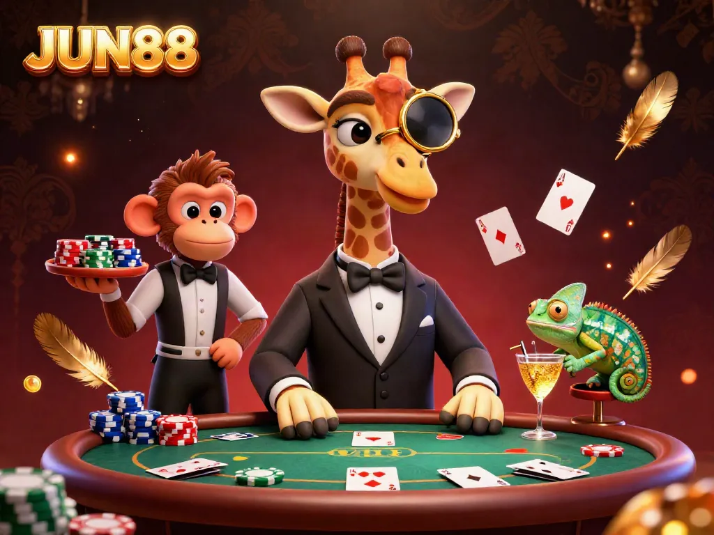 Experience the thrill with JUN88: a high-roller giraffe and friends at a vibrant poker table.