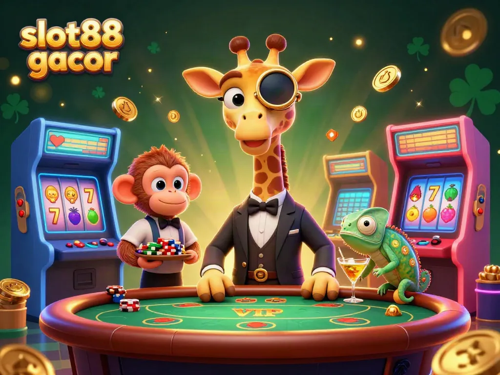 Menggambarkan slot88 gacor dengan suasana kasino, jerapah bermain poker, simpanse mengantarkan chip.