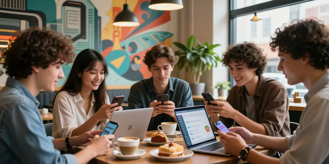 Friends exploring ai slut technology in a lively café with coffee and laptops.