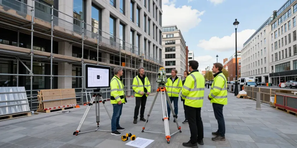 Measured Building Surveyors London team using laser scanning technology for precise surveys in urban setting.
