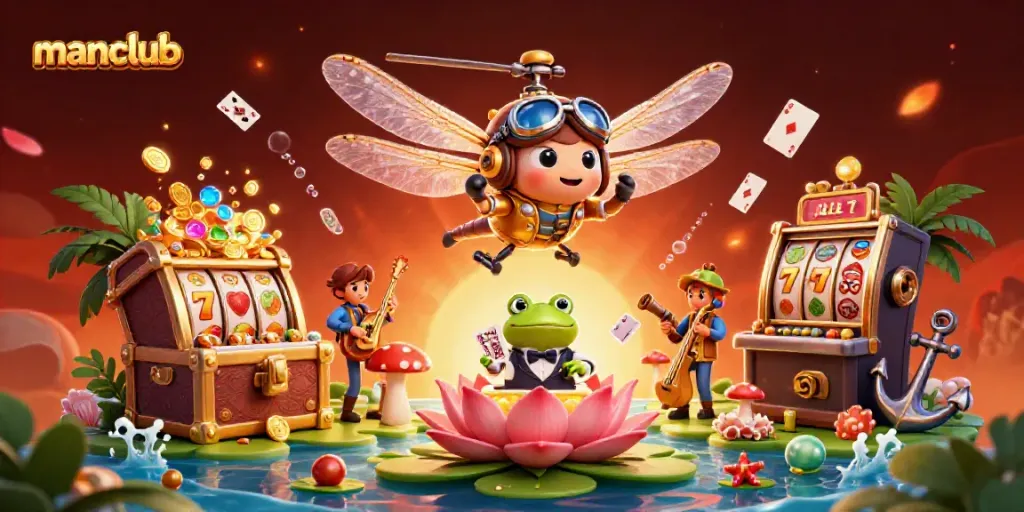 Join the excitement at manclub with a vibrant 3D scene featuring a dragonfly pilot, frog dealer, and lively musicians in a casino setting.