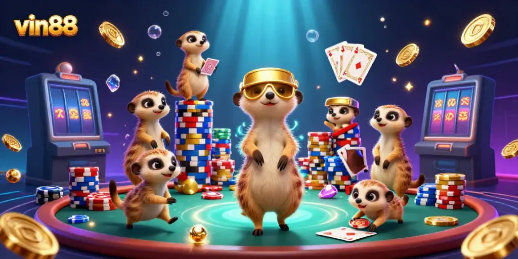 Experience excitement at vin88's casino with engaging meerkat characters and action-packed elements.