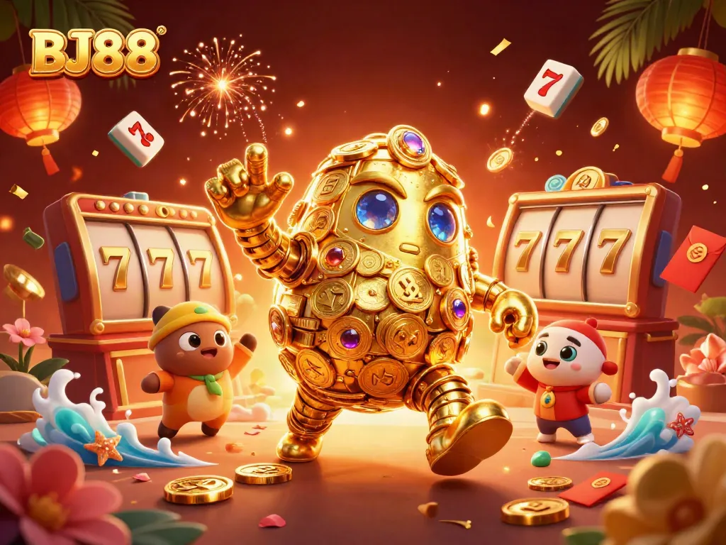BJ88 captivates with gold coin golem and bright slot elements in a festive casino scene.