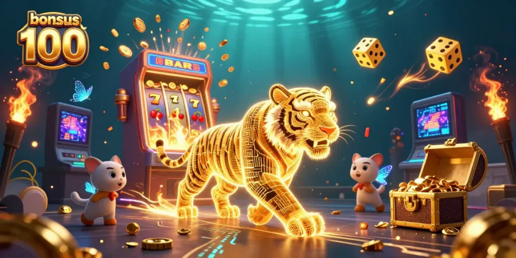 Experience the excitement of bonus new member 100 with vibrant 3D casino visuals featuring lively characters and game elements.
