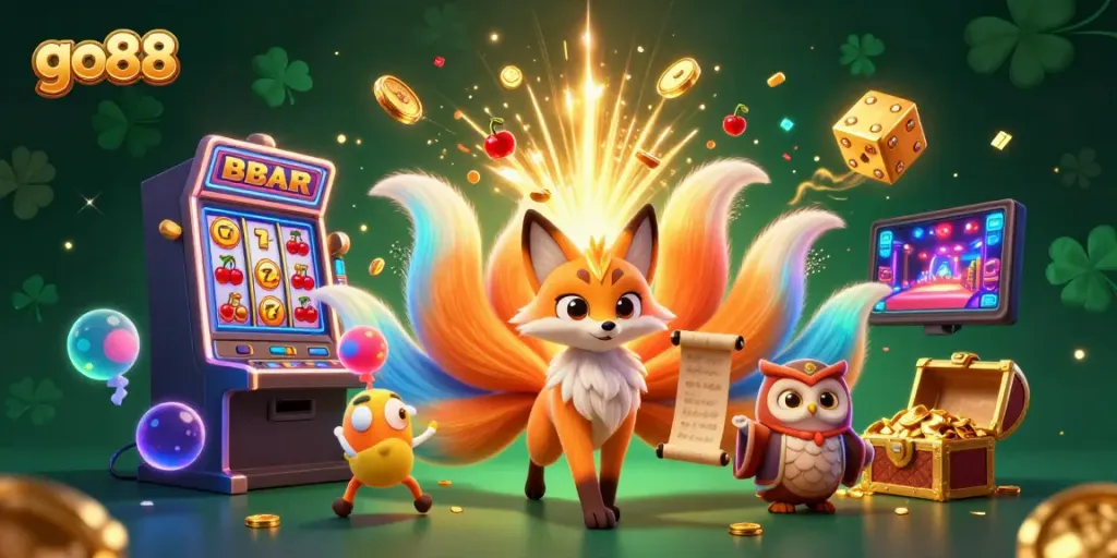 Experience go88's vibrant casino excitement with a magical nine-tailed fox and owl amidst slot machine thrills.