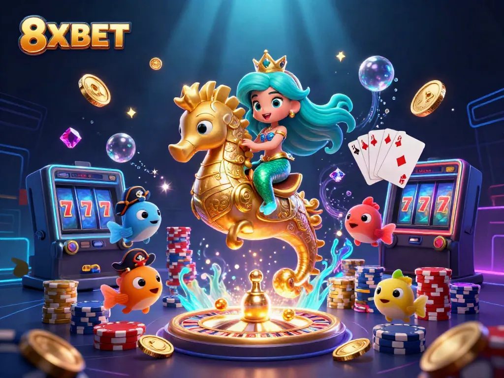 8XBET's vibrant underwater casino scene showcasing a mermaid, seahorse, and colorful fish amidst sparkling gems and golden coins.