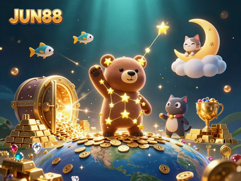 Experience the JUN88 casino adventure with golden treasures and shooting stars in a dazzling 3D world.