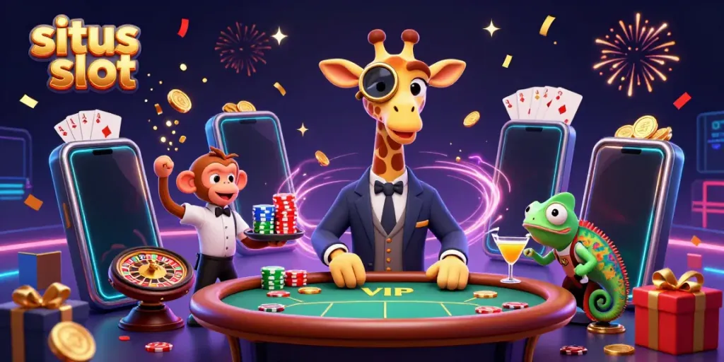 Experience the excitement at situs slot with vibrant cartoon characters celebrating big wins and jackpots.