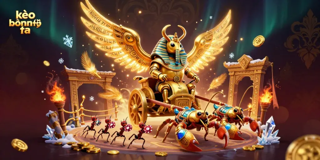 Experience thrilling sports betting with kèo bóng đá as a golden scarab rides a chariot, amidst vibrant casino elements.