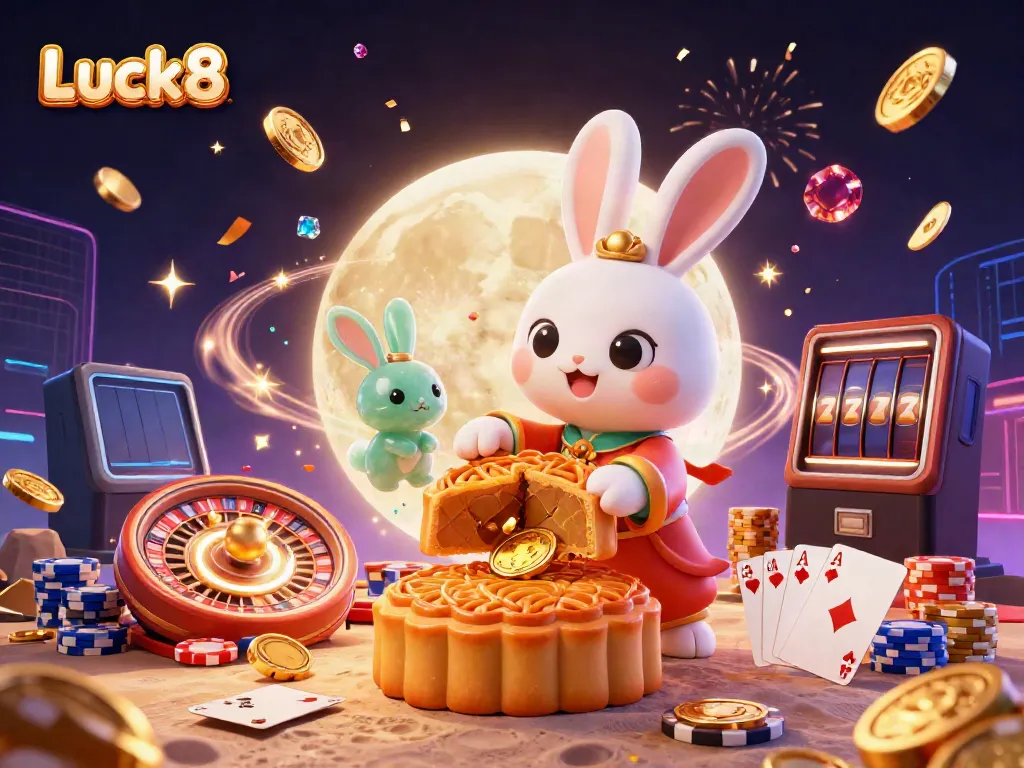 Luck8 illustration featuring a moon rabbit revealing poker chips, casino elements in a rich dynamic scene.