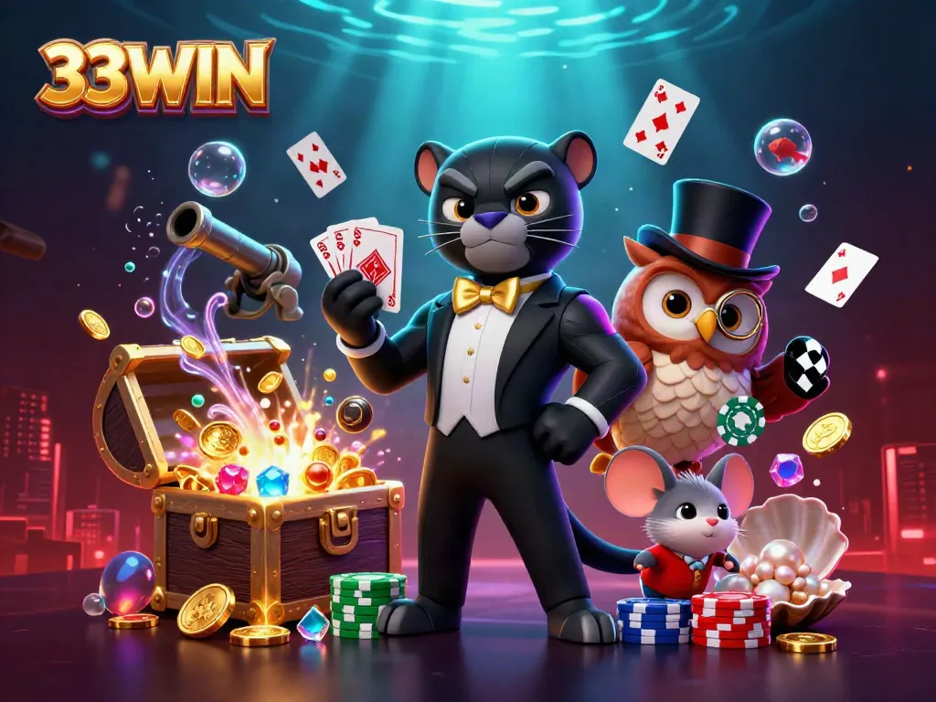 Engage in thrilling casino adventures with 33WIN's charming characters at a vibrant gaming scene.