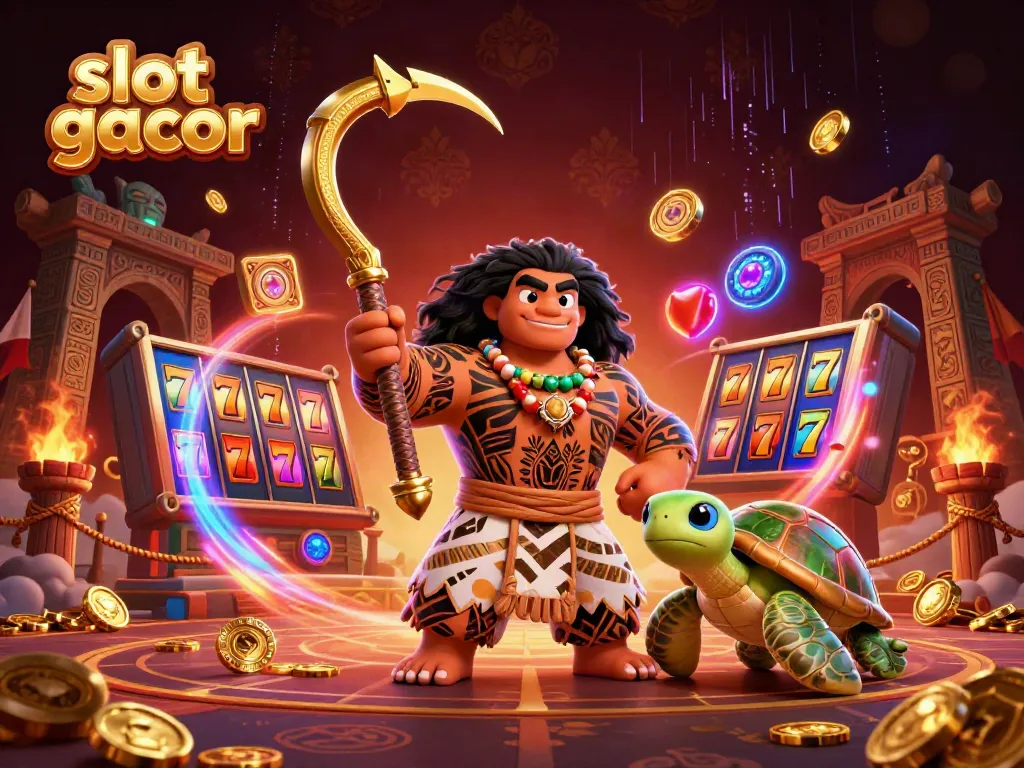 Engage with slot gacor through this colorful, dynamic 3D scene featuring a Maui-style demigod and lucky symbols.