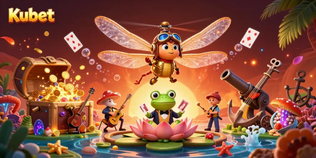 Kubet casino scene with a dragonfly pilot and a frog dealer amidst a lively lily pad setting.