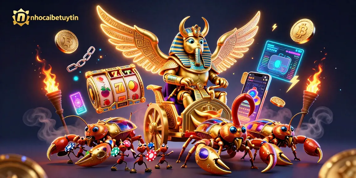 Engage with nhacaibetuytin through a vibrant casino world featuring a golden scarab and slot elements.