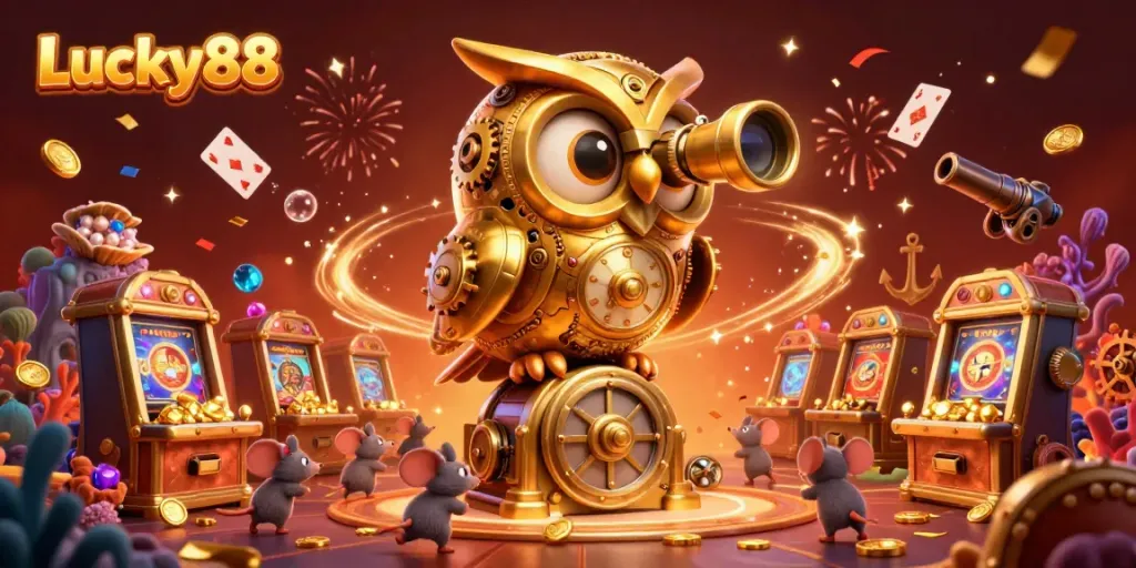 Engage with Lucky88's vibrant casino floor, featuring a golden owl overseeing bustling activities and winning players.