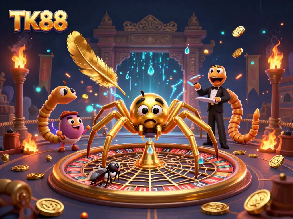 TK88 casino scene featuring a golden spider and centipede croupier engaging players in a lively roulette web atmosphere.
