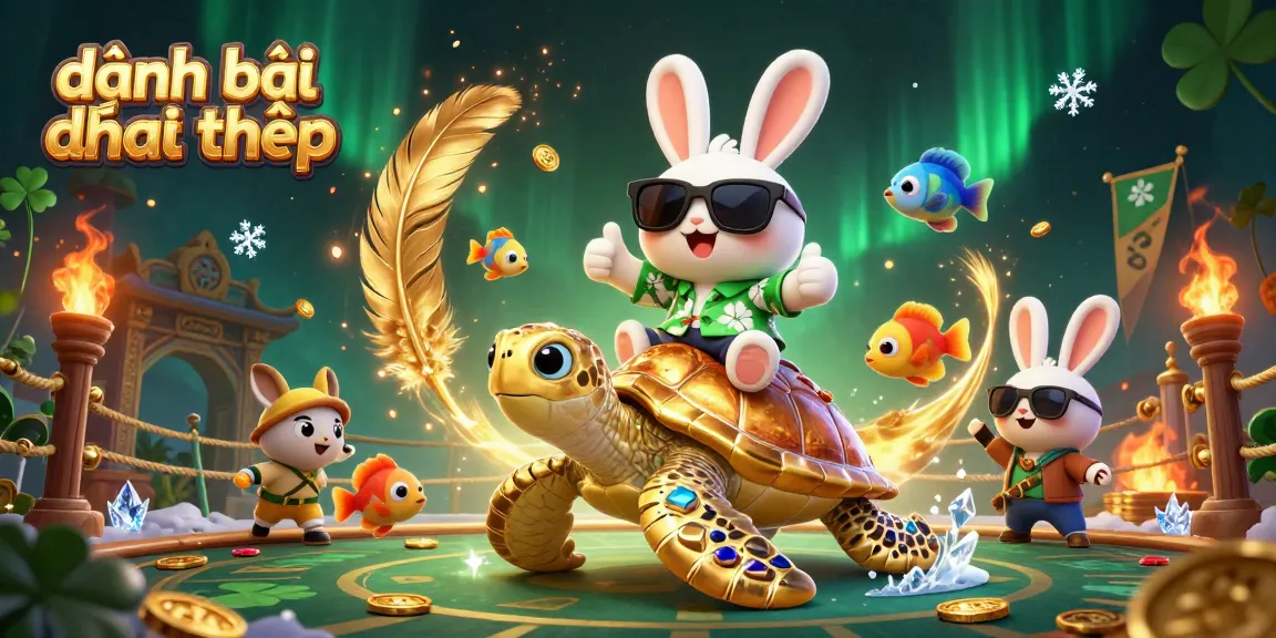 Experience the thrill of đánh bài đổi thưởng with an adorable lucky rabbit and golden turtle in a vibrant casino scene.