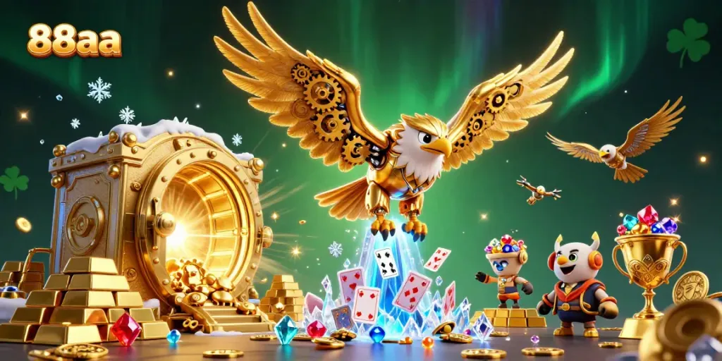 Experience the excitement of 88aa with a dynamic scene of a golden eagle amidst holographic cards and treasure.