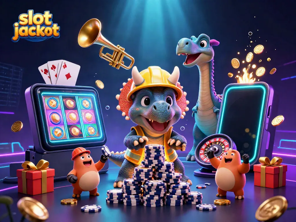 Experience the excitement of slot jackpot wins with vibrant cartoon dinosaurs celebrating.