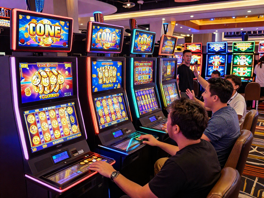 Exciting casino scene showcasing players winning slot jackpots amidst colorful machines