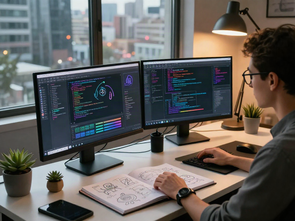 Designer developing nsfw ai applications in a bright urban workspace.