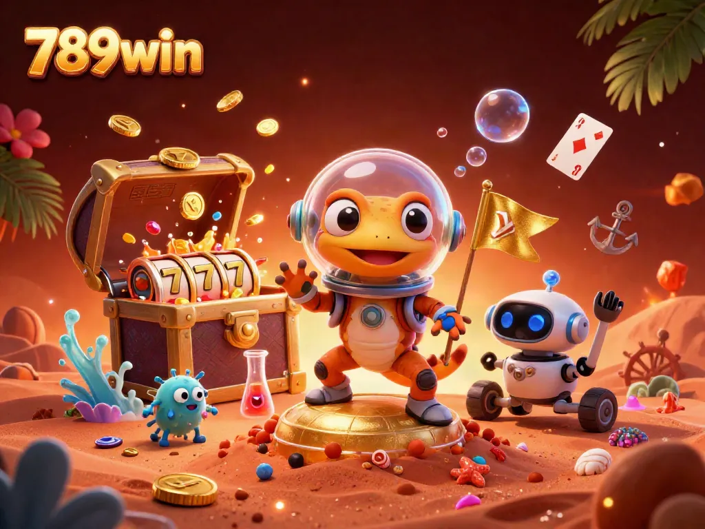 Experience the excitement of 789win with a Martian gecko discovering a golden casino among vibrant treasures.