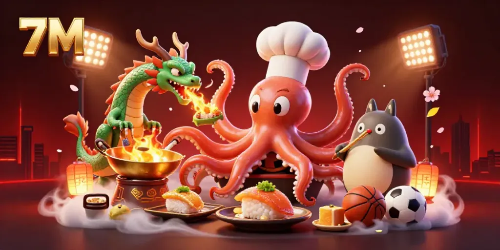 Bet on thrilling games with 7M's dynamic sports betting scene featuring an octopus chef and lively characters.