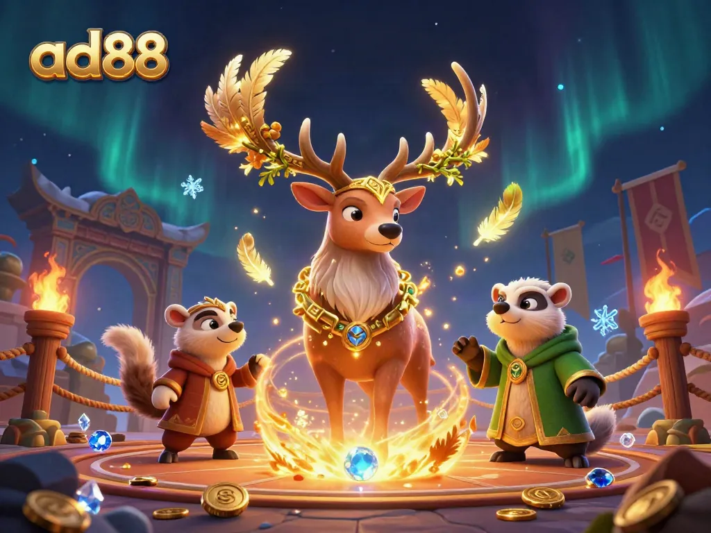 Experience thrilling gaming with ad88, featuring a captivating Celtic druid stag and golden coins.