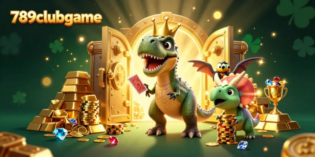 Experience the thrill of 789clubgame with a charming T-Rex shuffling cards and a pterodactyl helper surrounded by treasure.