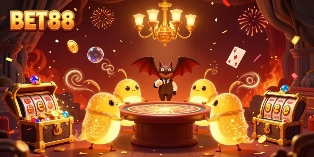 Play slots and win big at BET88's vibrant cave casino with glowworms and a bat dealer.