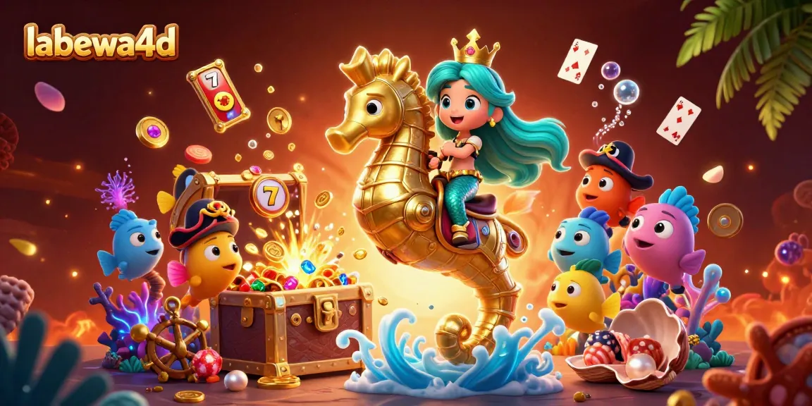 labewa4d menampilkan ilustrasi putri duyung bermain permainan slot di bawah laut, dikelilingi oleh ikan kartun berwarna-warni.