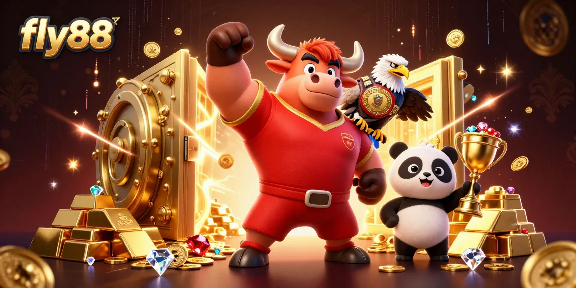 fly88 features a muscular bull mascot and eagle celebrating wins alongside a panda trophy holder in a vibrant casino