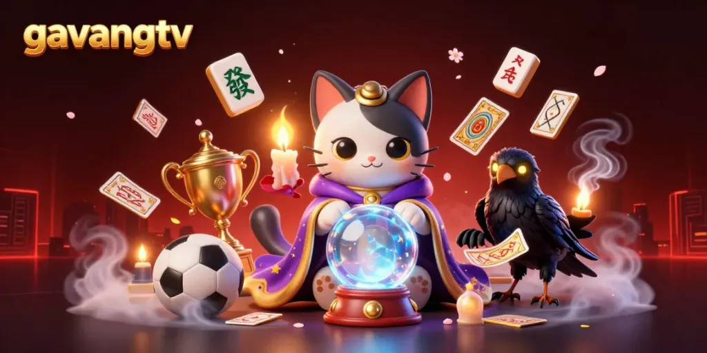 Experience intense sports betting action with gavangtv in this vibrant 3D illustration showcasing a mystical cat and raven.