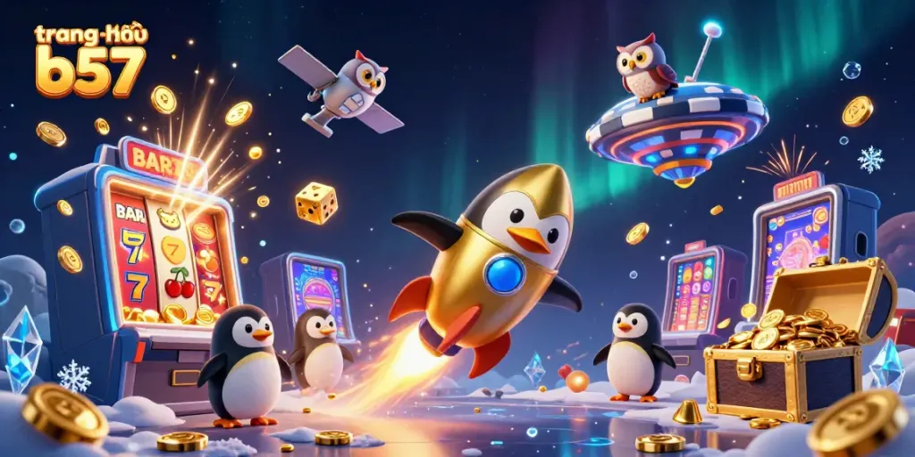 Experience thrilling wins at trang chủ b57 while a golden penguin flies through a vibrant casino universe.
