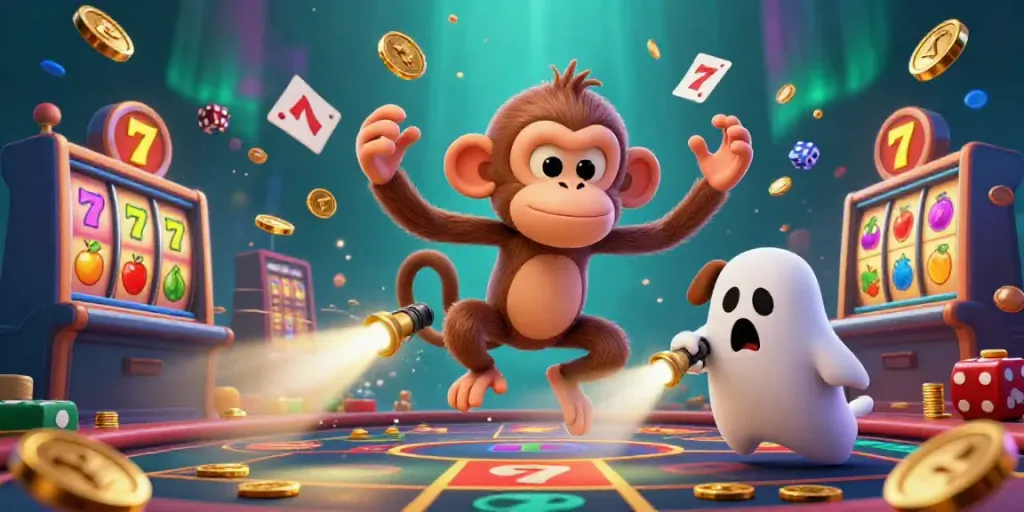 Experience the thrilling 789club casino as a mischievous poltergeist monkey juggles golden treasures.