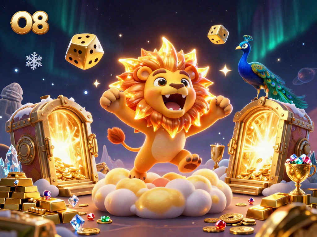 Engage with O8, a thrilling illustration of a casino sun lion amidst golden treasures and vibrant gems.