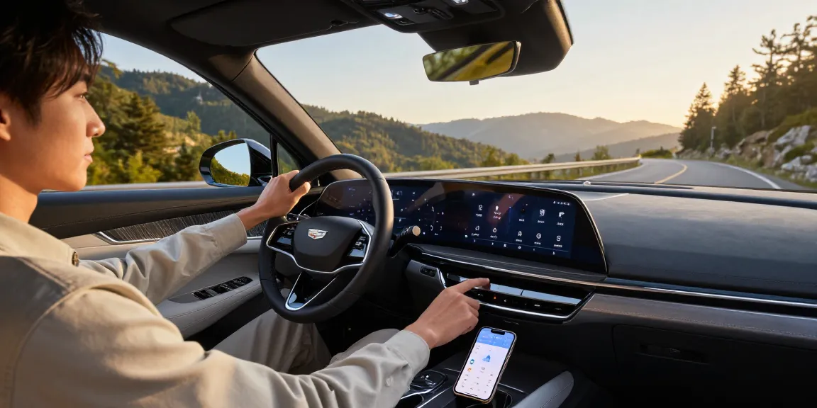 Cadillac Lyriq parked on mountain road; do the driving modes in cadillac lyriq offer different ranges or battery usages? highlighting different drive settings.