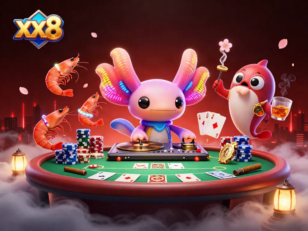 Experience the excitement of xx8 gaming with a vibrant poker scene featuring colorful characters.