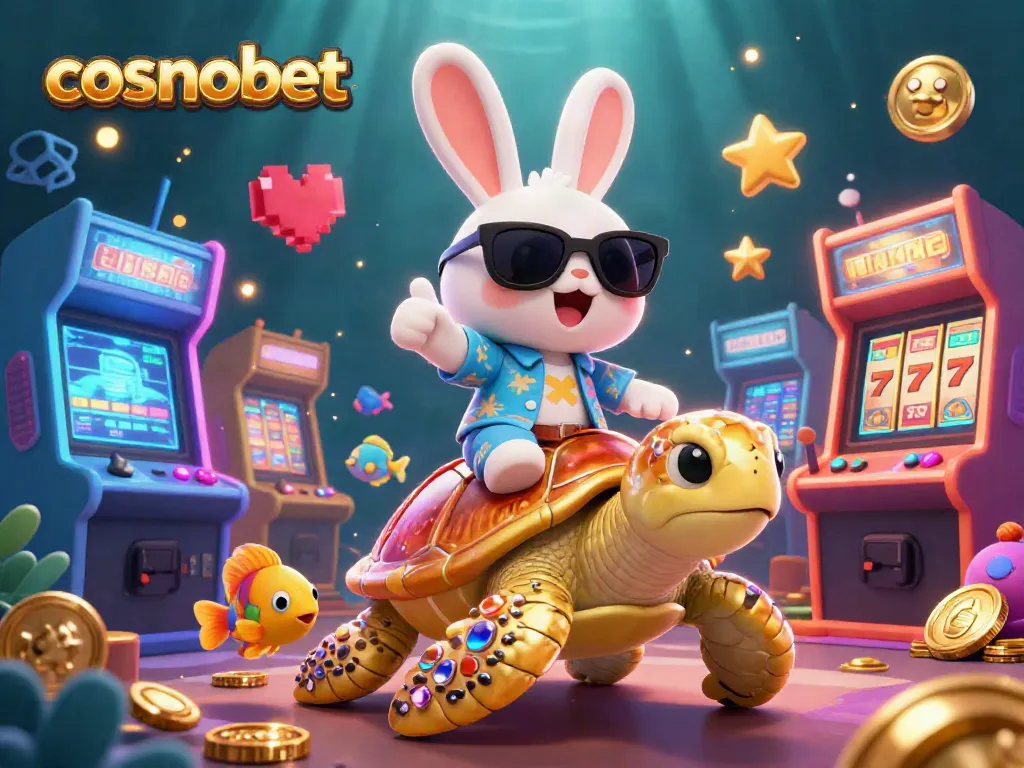 Join the action at cosmobet with a lucky rabbit and golden turtle surrounded by vibrant casino elements.