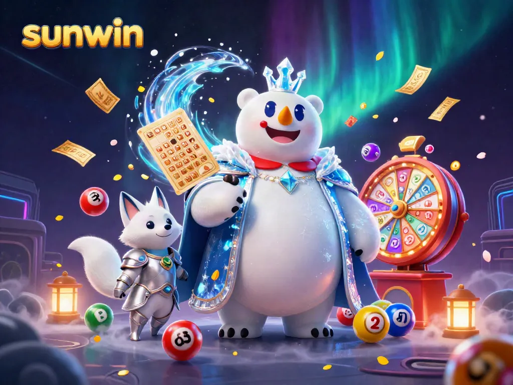 Experience sunwin's thrilling lottery action with a dazzling polar bear and fox in a dynamic gaming scene.