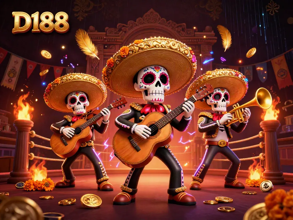 Experience thrilling D188 casino fun with vibrant mariachi skeletons amidst swirling gold coins.