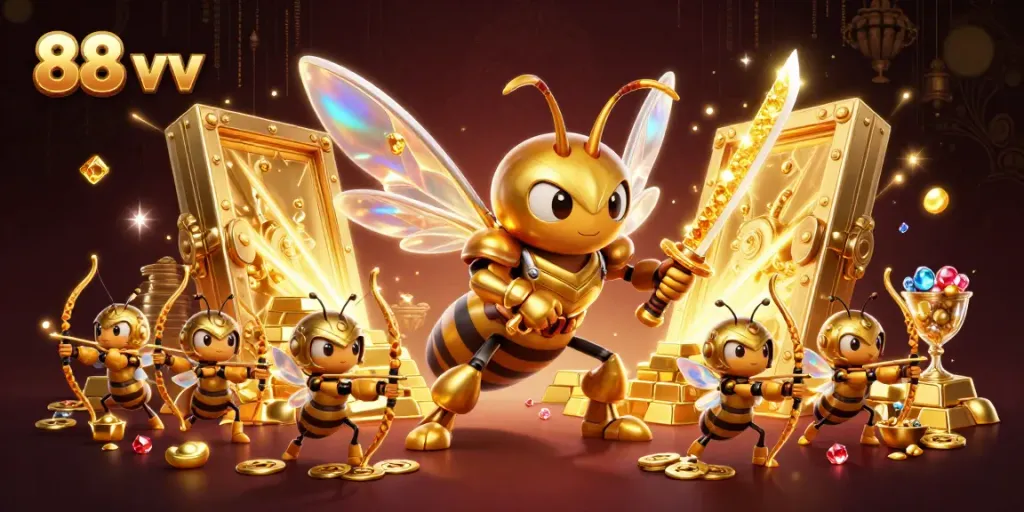 Engage with exciting gameplay at 88 vv in a vibrant casino-themed illustration featuring gold and gems.