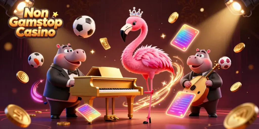 Engaging Non Gamstop Casino scene with a flamingo singer, hippo bassist, and dynamic sports elements.