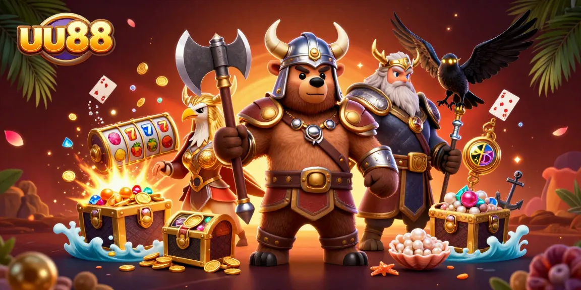 Experience winning at uu88 with a vibrant illustration of a Viking bear, Valkyrie eagle, and glowing elements surrounding slots.