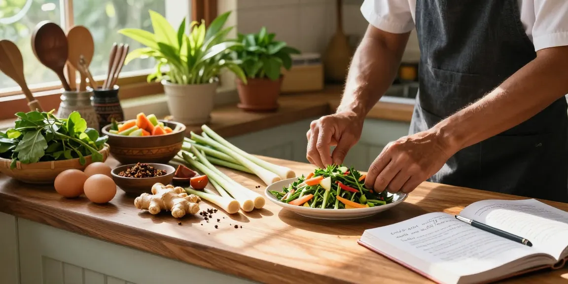 Thai cook preparing fresh dishes with ginger and lemongrass, showcasing สล็อตเว็บตรง ingredients in a vibrant kitchen