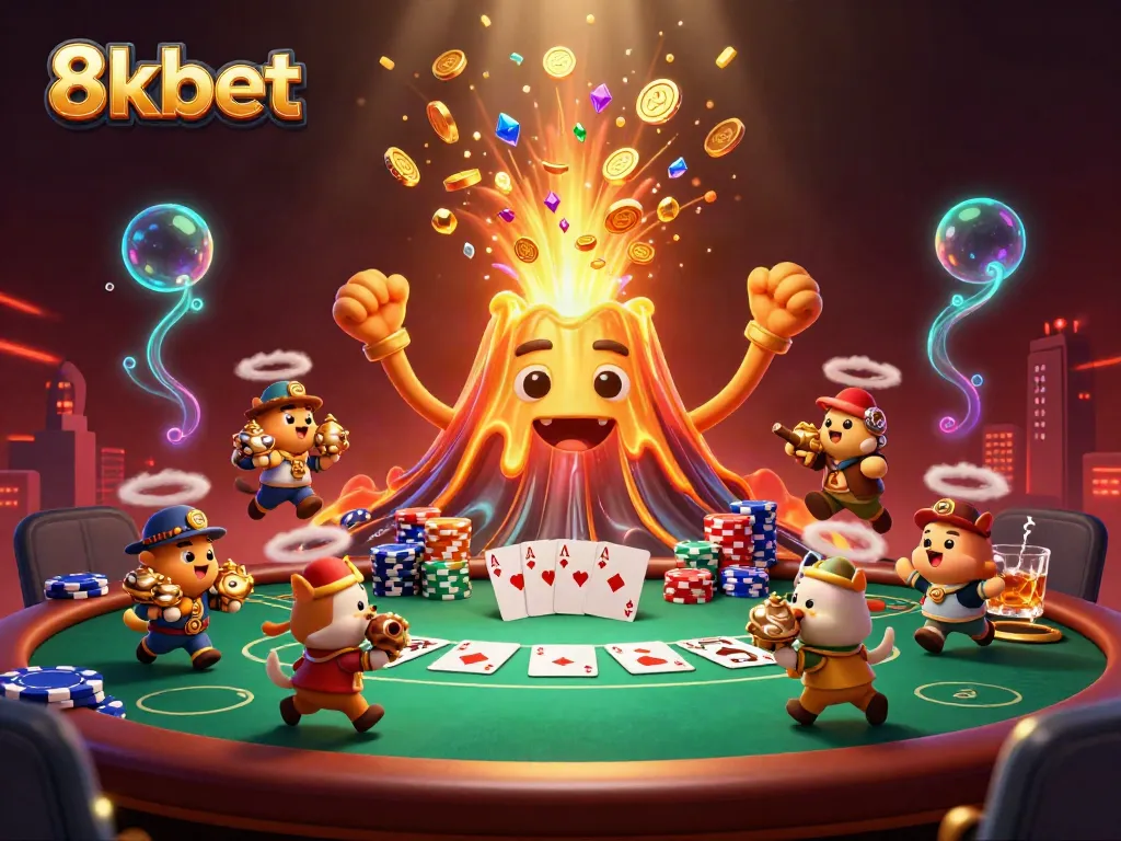 Experience thrilling wins at 8xbet's casino with erupting treasures in a vibrant scene.