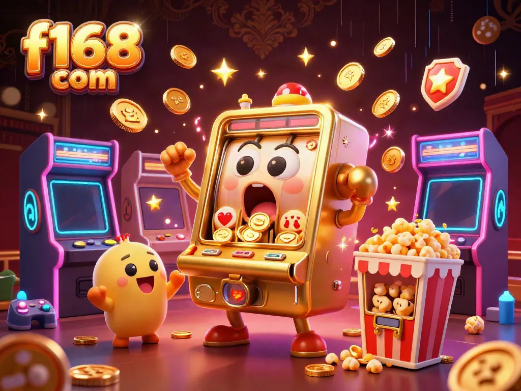 Engage with the vibrant f168 com scene of joyful slot machines celebrating a jackpot, enhanced with colorful arcade gaming elements.