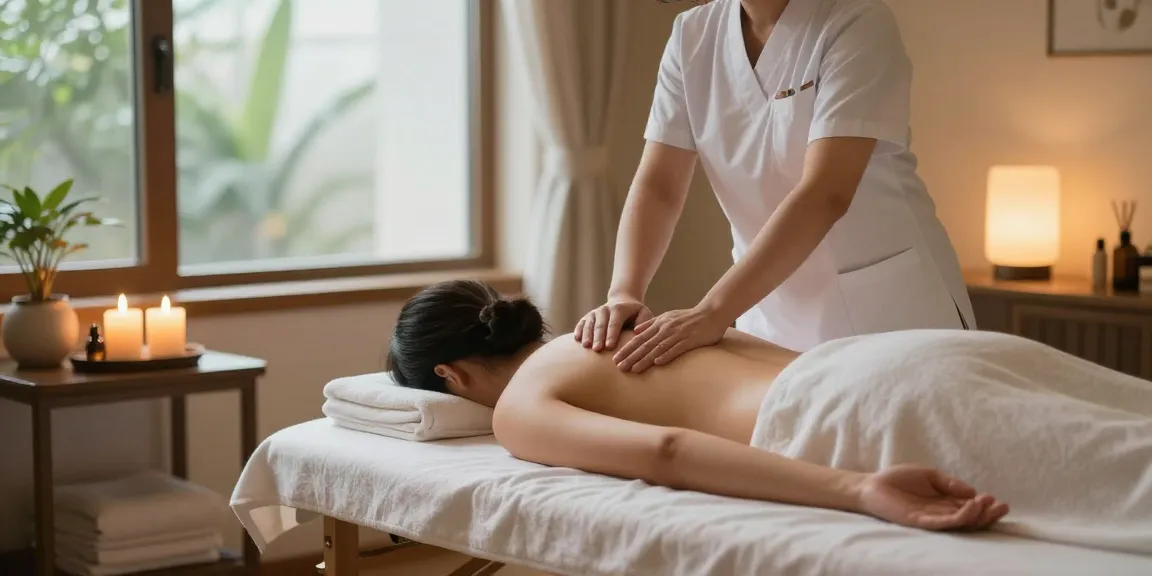 광명출장안마 in a serene spa environment, relaxation during a professional massage session with calming elements.